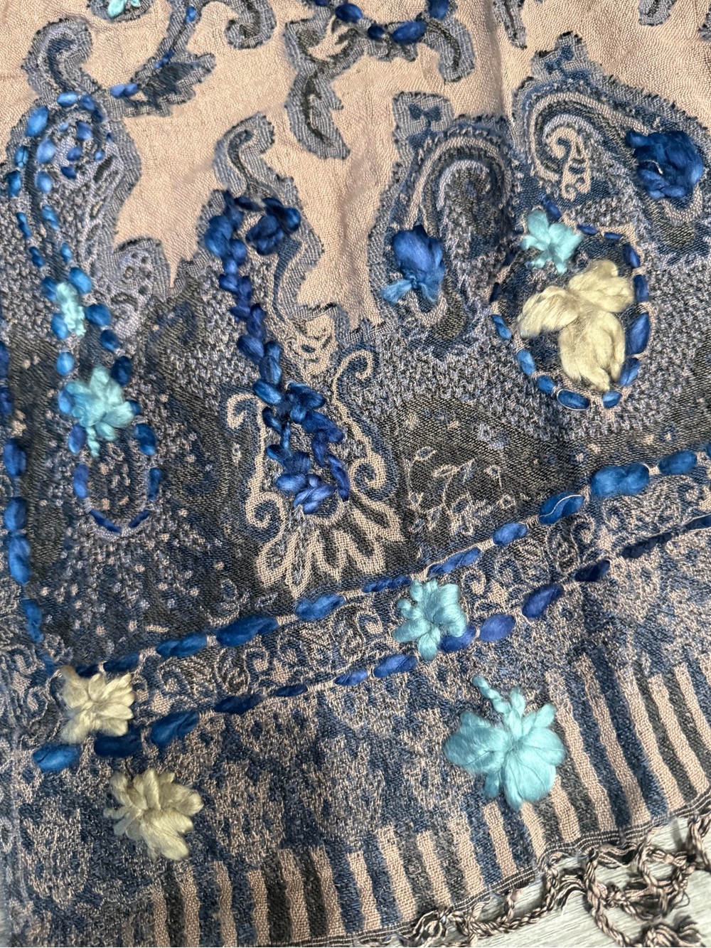 Aratta Taupe and Navy Embroidered Scarf/Runner - Picture 3 of 10